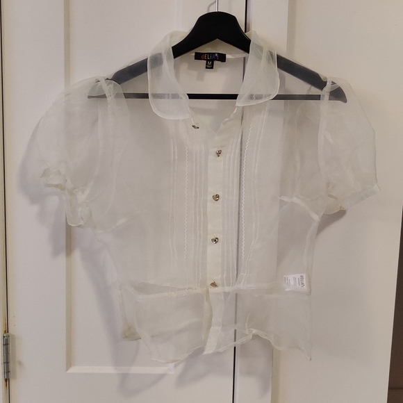 Sheer white top with puffed sleeves - Picture 2 of 4